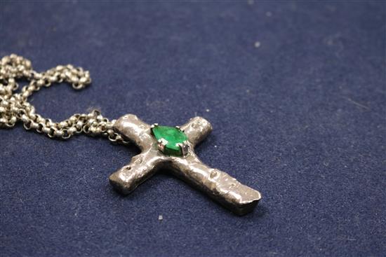 A 1970s white metal and emerald set cross pendant, on a silver belcher link chain, pendant 65mm.